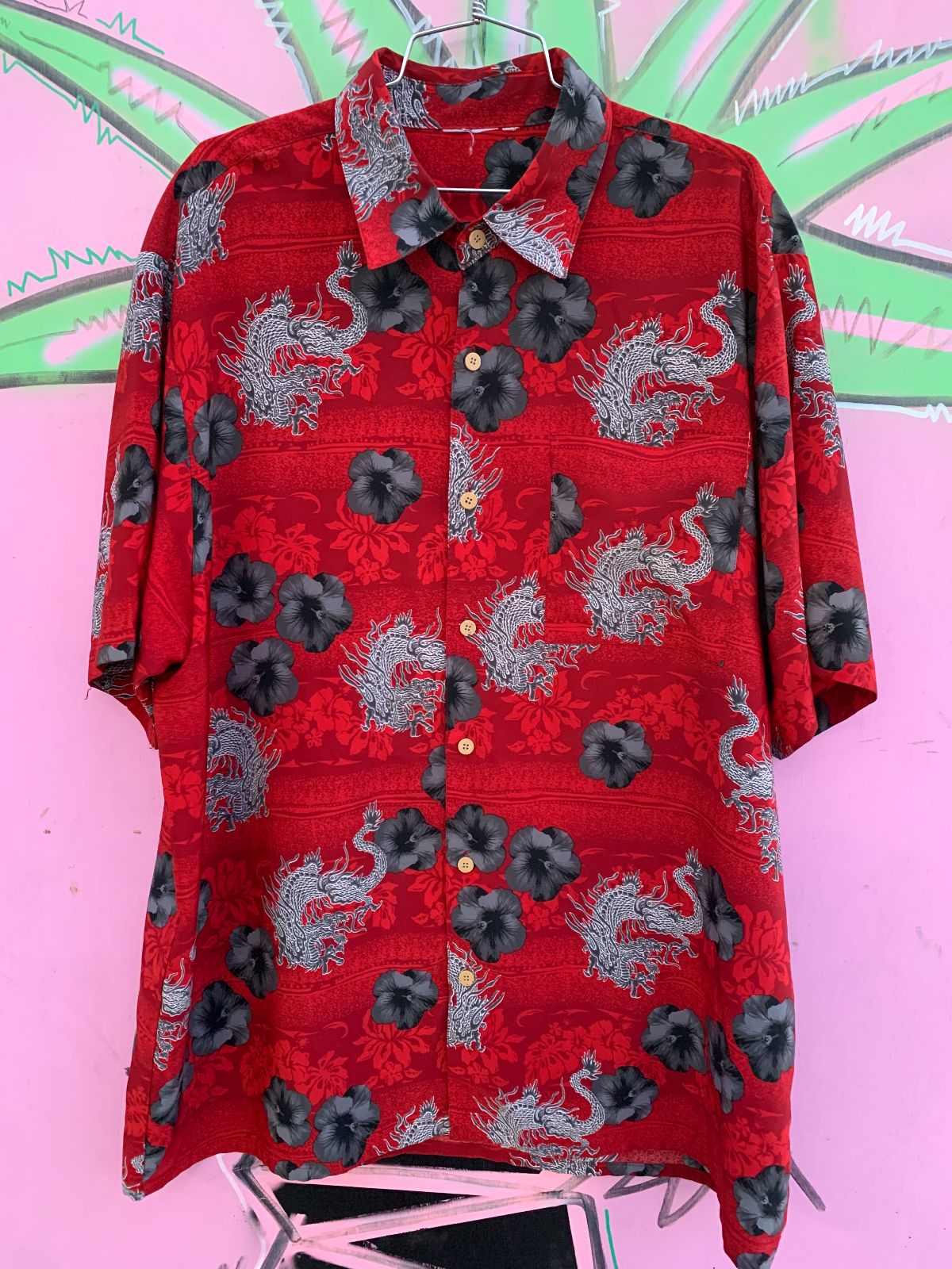 1990S CHINESE DRAGON SHORT SLEEVE HAWAIIAN SHIRT in RED, GREY