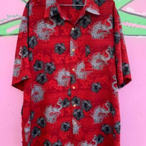 1990S CHINESE DRAGON SHORT SLEEVE HAWAIIAN SHIRT in RED, GREY