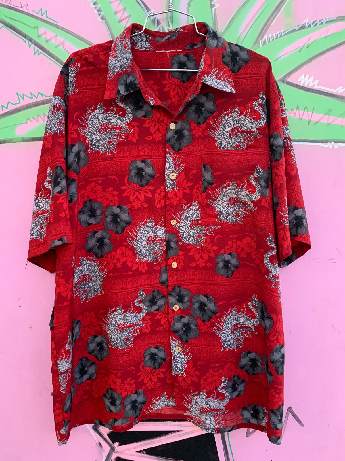 1990S CHINESE DRAGON SHORT SLEEVE HAWAIIAN SHIRT in RED, GREY