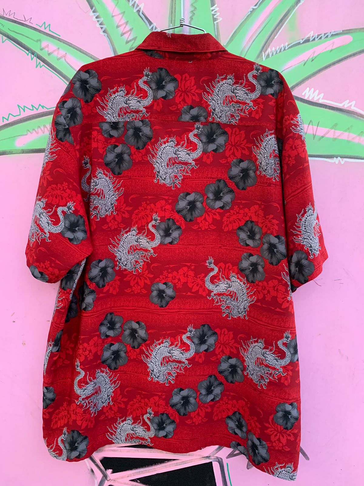 1990S CHINESE DRAGON SHORT SLEEVE HAWAIIAN SHIRT in RED, GREY