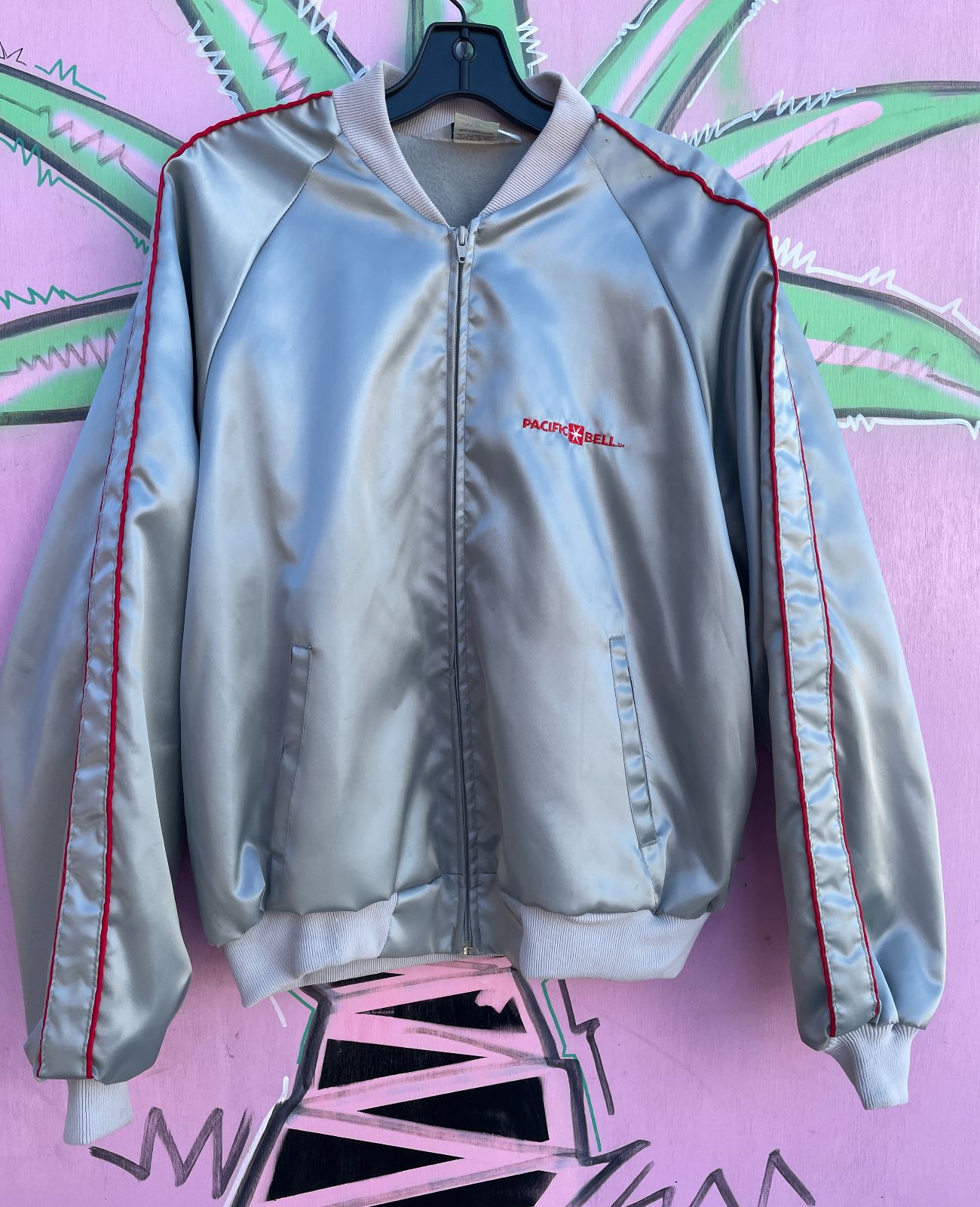 HORIZON EMBROIDERED PACIFIC BELL SILVER ZIPUP JACKET W/ RED PIPING in SILVER, RED