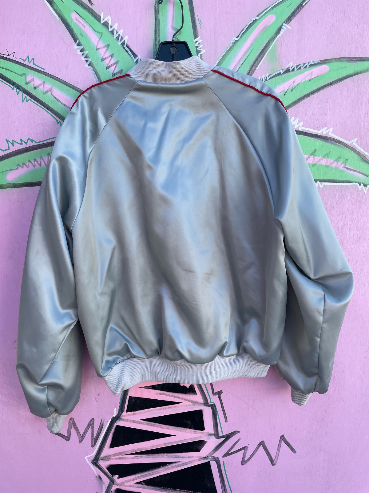 HORIZON EMBROIDERED PACIFIC BELL SILVER ZIPUP JACKET W/ RED PIPING in SILVER, RED