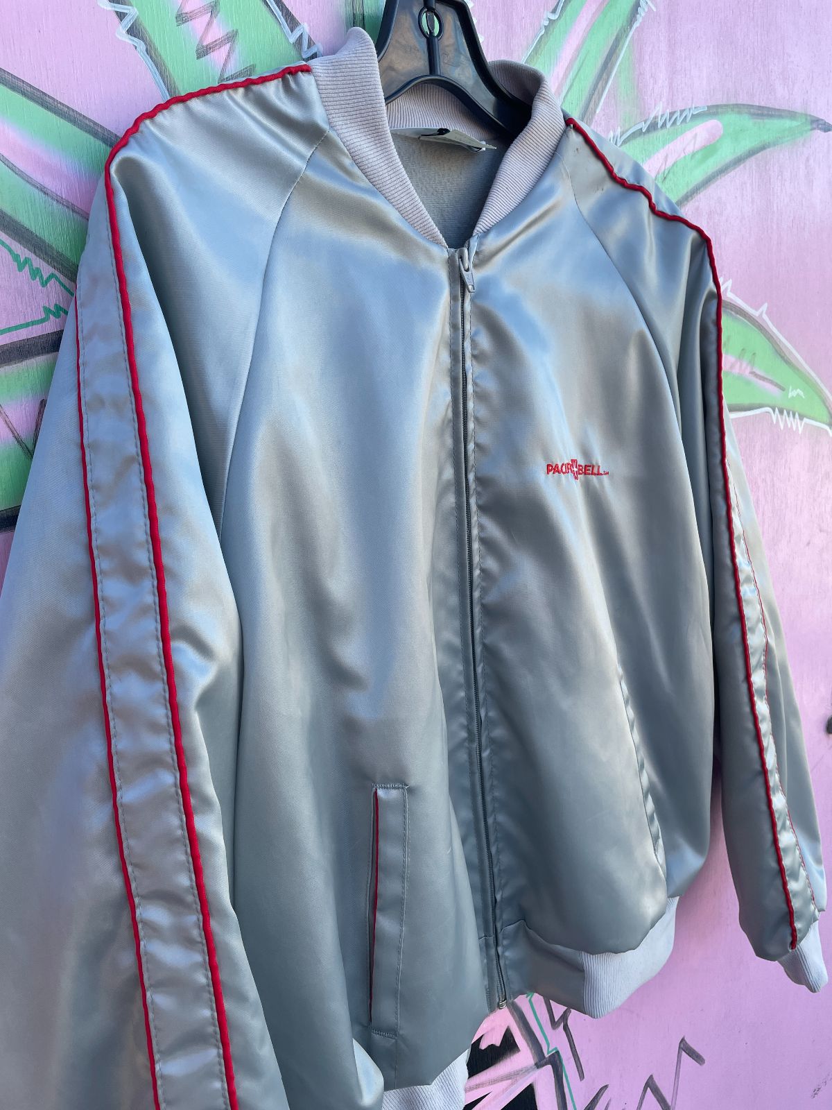 HORIZON EMBROIDERED PACIFIC BELL SILVER ZIPUP JACKET W/ RED PIPING in SILVER, RED