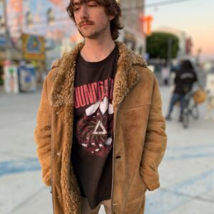 WOW!! GORGEOUS!!! SUEDE & SHEARLING JACKET LEATHER TRIM & PAINTED ACCENTS in BROWN