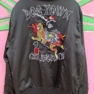 WHERE EVERYONE IS A VISIONARY *AS-IS* COOL! EMBROIDERED SATIN SUKAJAN STYLE JACKET DOGTOWN DESIGN in BLACK