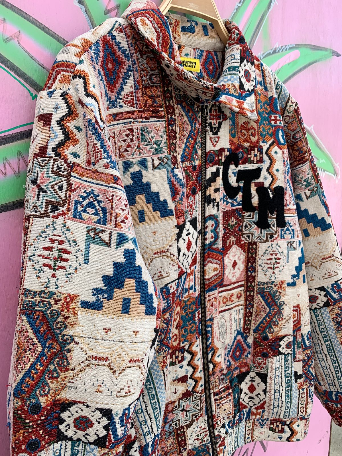 CHINATOWN MARKET CANVAS TAPESTRY PATCHWORK JACKET, FLOCKED BACK LETTERING in BEIGE, MUTLI