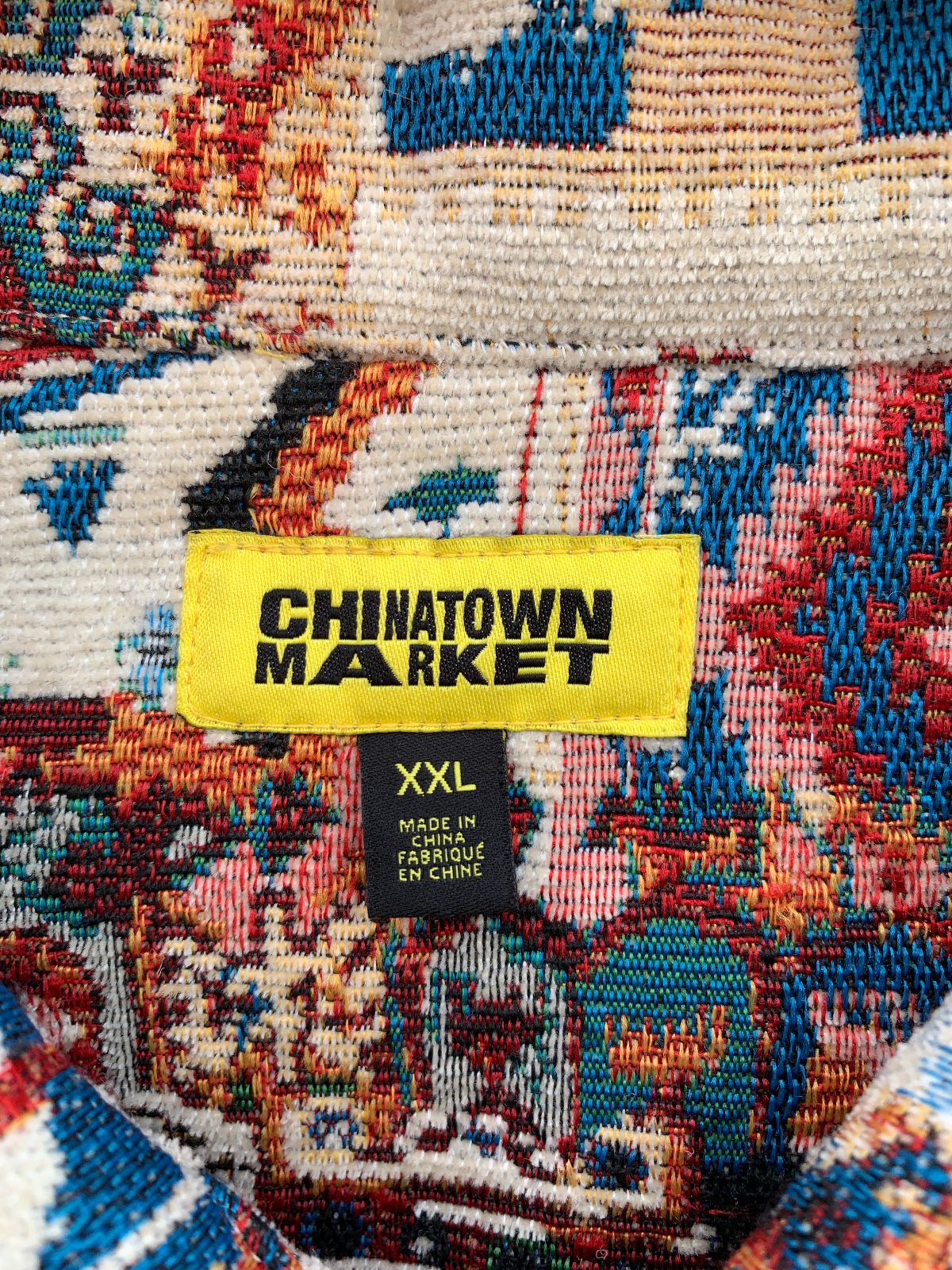 CHINATOWN MARKET CANVAS TAPESTRY PATCHWORK JACKET, FLOCKED BACK LETTERING in BEIGE, MUTLI