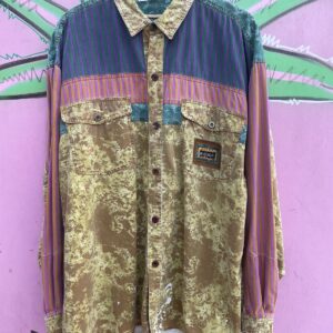 MAJOR DAMAGE *AS-IS* RAD! 1990S 100% COTTON PATCHWORK LONG SLEEVE BUTTON DOWN SHIRT in YELLOW, PINK, TEAL