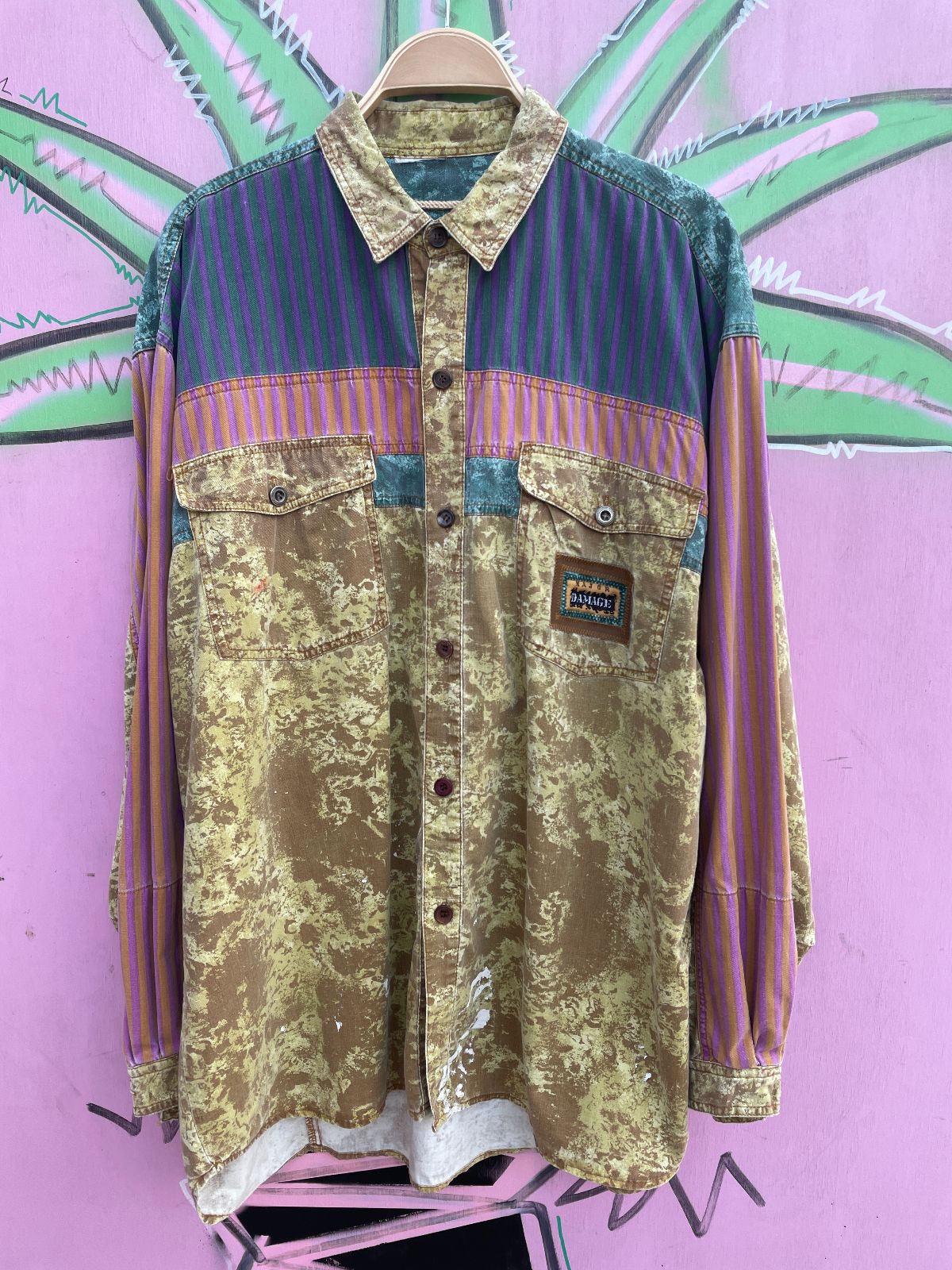 MAJOR DAMAGE *AS-IS* RAD! 1990S 100% COTTON PATCHWORK LONG SLEEVE BUTTON DOWN SHIRT in YELLOW, PINK, TEAL