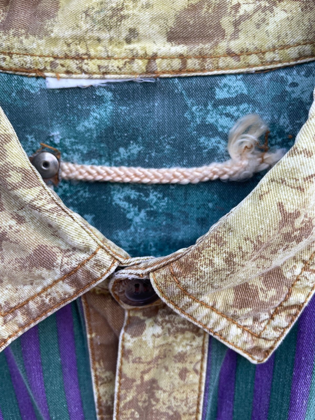 MAJOR DAMAGE *AS-IS* RAD! 1990S 100% COTTON PATCHWORK LONG SLEEVE BUTTON DOWN SHIRT in YELLOW, PINK, TEAL