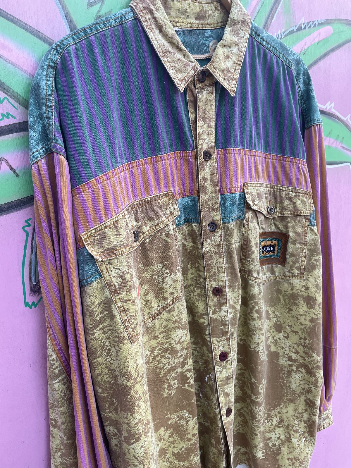 MAJOR DAMAGE *AS-IS* RAD! 1990S 100% COTTON PATCHWORK LONG SLEEVE BUTTON DOWN SHIRT in YELLOW, PINK, TEAL