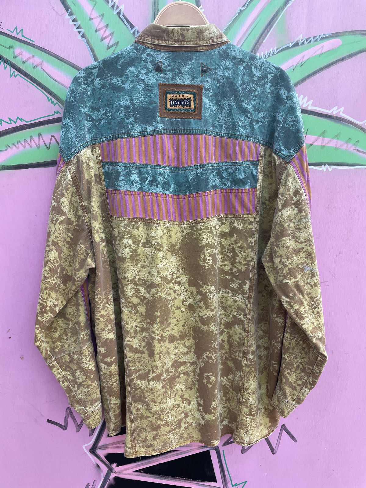 MAJOR DAMAGE *AS-IS* RAD! 1990S 100% COTTON PATCHWORK LONG SLEEVE BUTTON DOWN SHIRT in YELLOW, PINK, TEAL