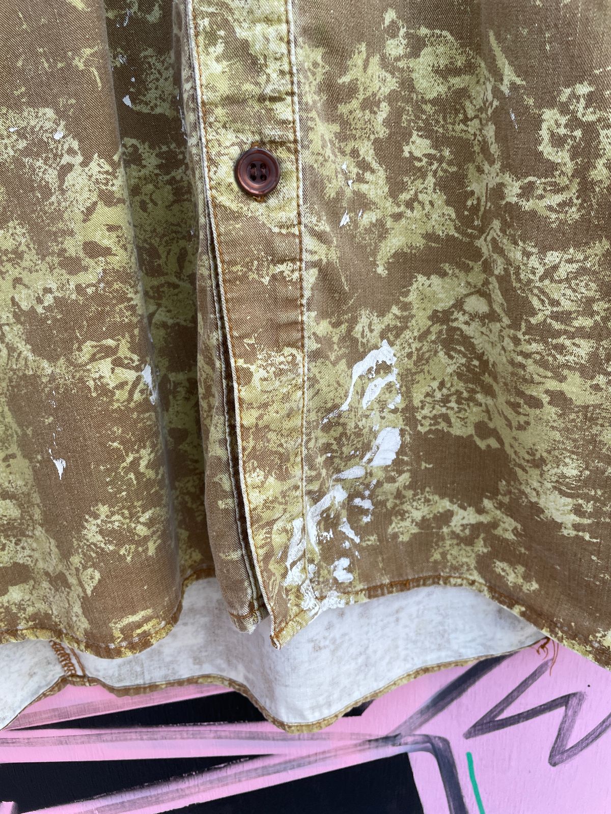 MAJOR DAMAGE *AS-IS* RAD! 1990S 100% COTTON PATCHWORK LONG SLEEVE BUTTON DOWN SHIRT in YELLOW, PINK, TEAL