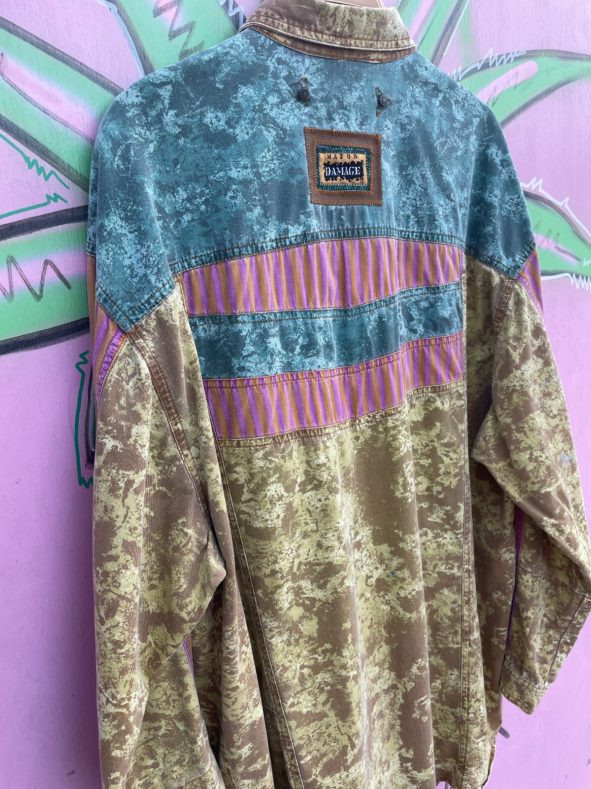MAJOR DAMAGE *AS-IS* RAD! 1990S 100% COTTON PATCHWORK LONG SLEEVE BUTTON DOWN SHIRT in YELLOW, PINK, TEAL