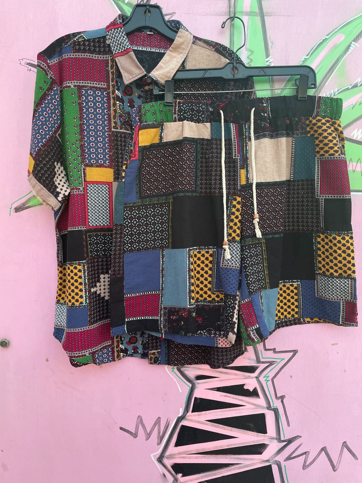 FUNKY COTTON & LINEN PATCHWORK PRINT 2 PIECE SET - SHIRT & SHORTS in BLACK, PINK, BLUE