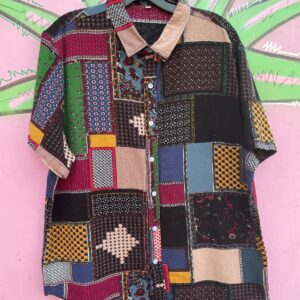 FUNKY COTTON & LINEN PATCHWORK PRINT 2 PIECE SET - SHIRT & SHORTS in BLACK, PINK, BLUE