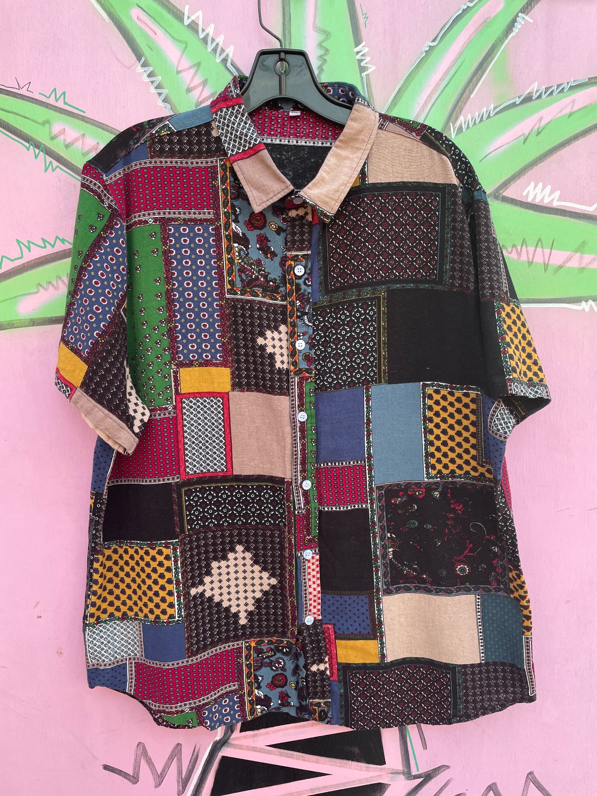 FUNKY COTTON & LINEN PATCHWORK PRINT 2 PIECE SET - SHIRT & SHORTS in BLACK, PINK, BLUE