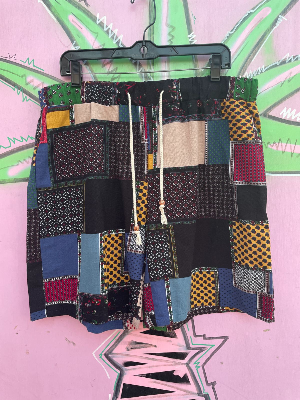 FUNKY COTTON & LINEN PATCHWORK PRINT 2 PIECE SET - SHIRT & SHORTS in BLACK, PINK, BLUE