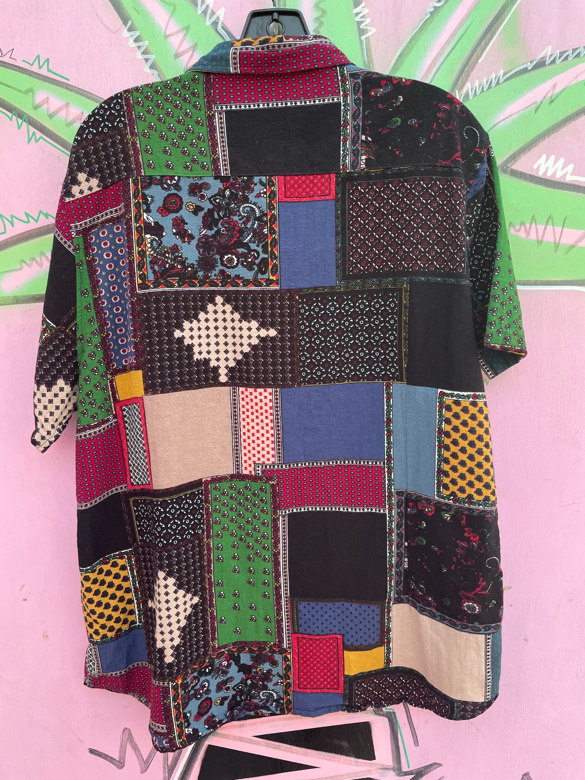 FUNKY COTTON & LINEN PATCHWORK PRINT 2 PIECE SET - SHIRT & SHORTS in BLACK, PINK, BLUE