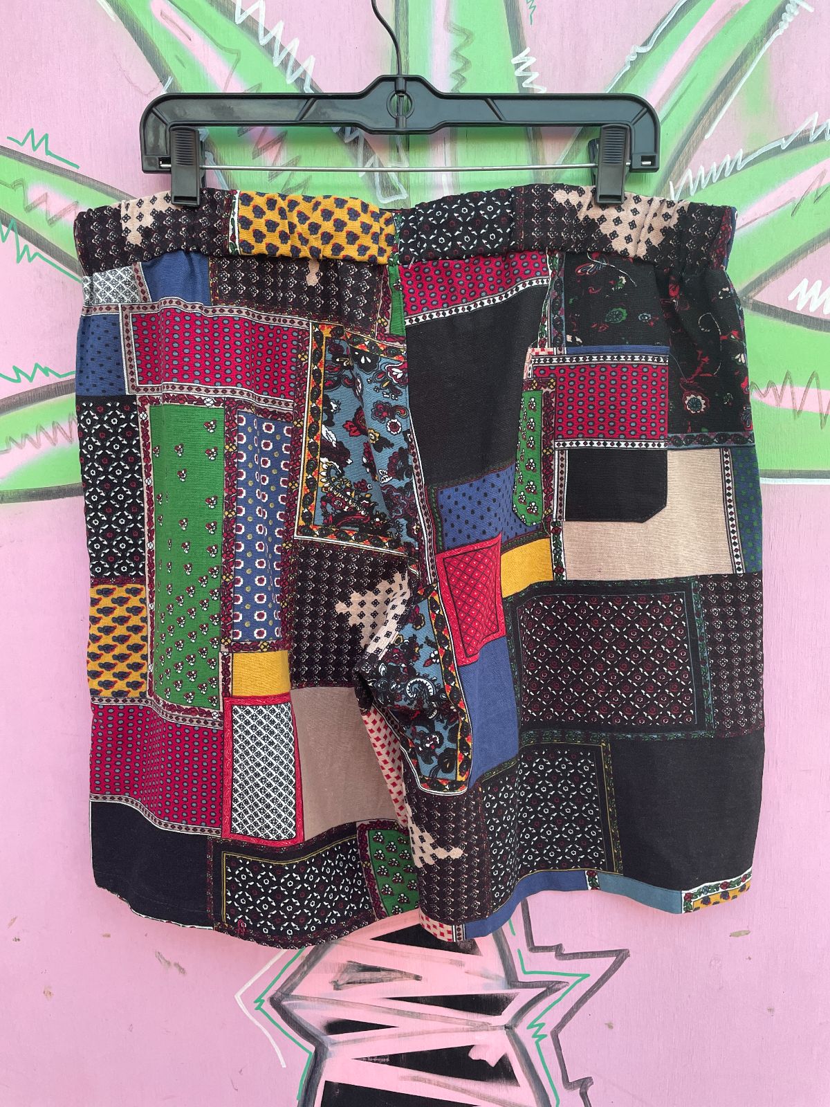 FUNKY COTTON & LINEN PATCHWORK PRINT 2 PIECE SET - SHIRT & SHORTS in BLACK, PINK, BLUE