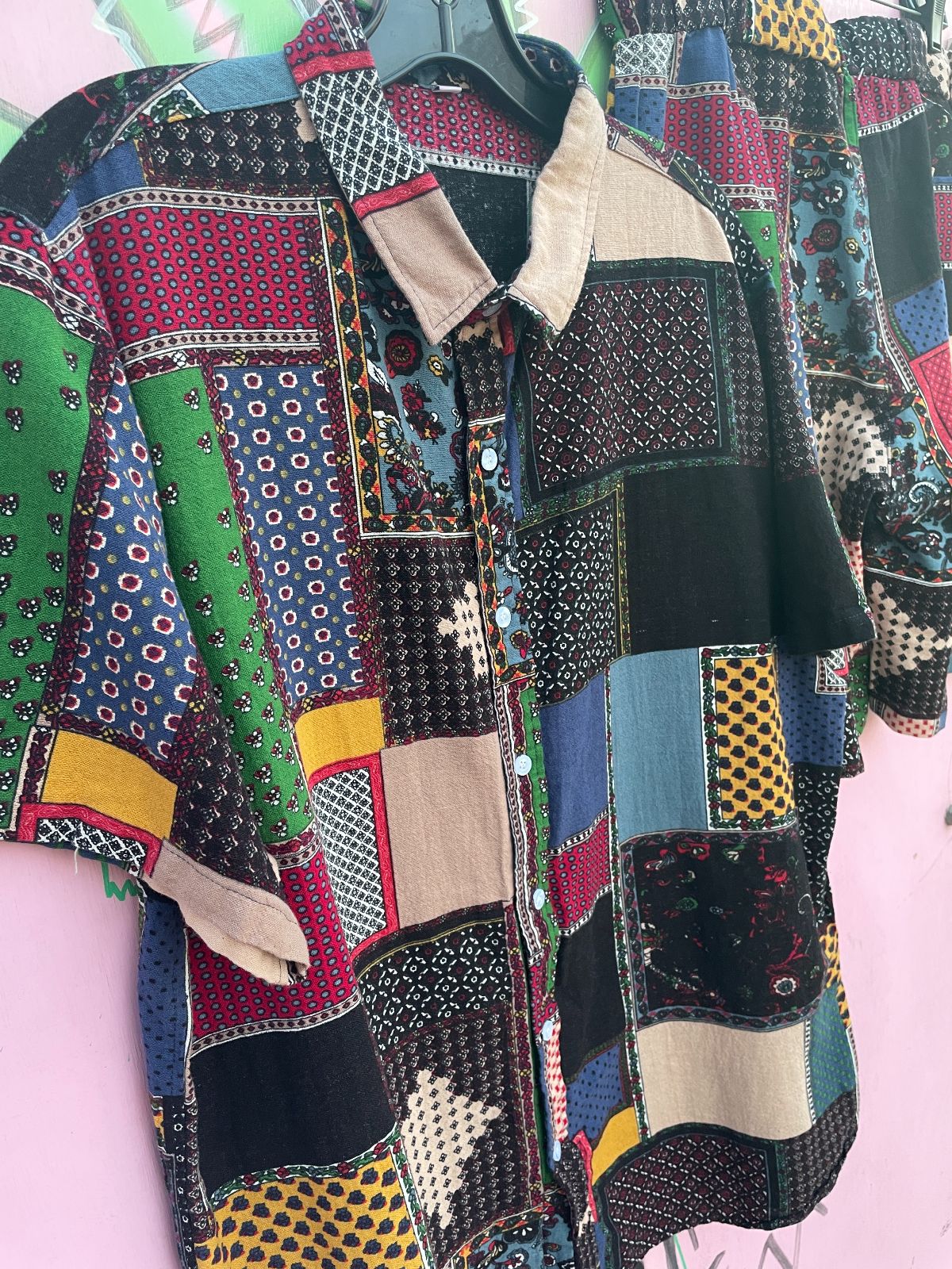 FUNKY COTTON & LINEN PATCHWORK PRINT 2 PIECE SET - SHIRT & SHORTS in BLACK, PINK, BLUE