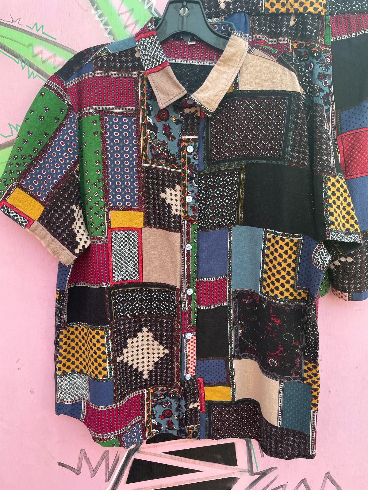 FUNKY COTTON & LINEN PATCHWORK PRINT 2 PIECE SET - SHIRT & SHORTS in BLACK, PINK, BLUE