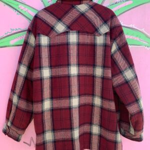 LEVIS 1990S LEVIS BUTTON UP PLAID FLANNEL JACKET QUILTED INTERIOR in MAROON