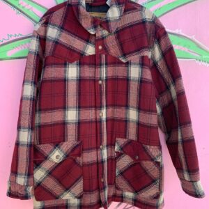 LEVIS 1990S LEVIS BUTTON UP PLAID FLANNEL JACKET QUILTED INTERIOR in MAROON