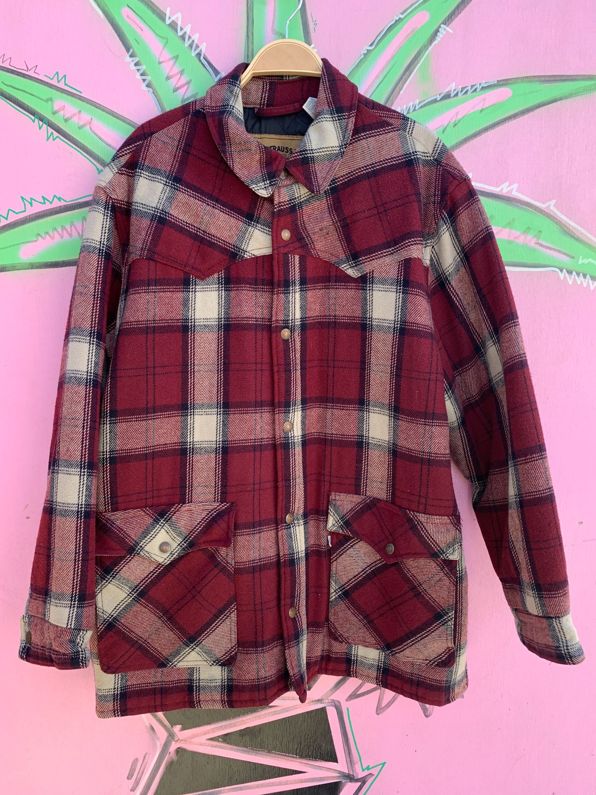 LEVIS 1990S LEVIS BUTTON UP PLAID FLANNEL JACKET QUILTED INTERIOR in MAROON