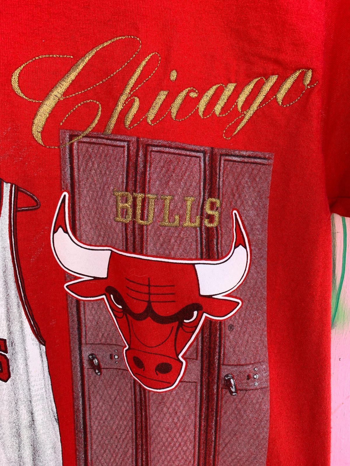 NUTMEG CHICAGO BULLS T-SHIRT METALLIC EMBROIDERY SINGLE STITCH SMALL FIT in RED