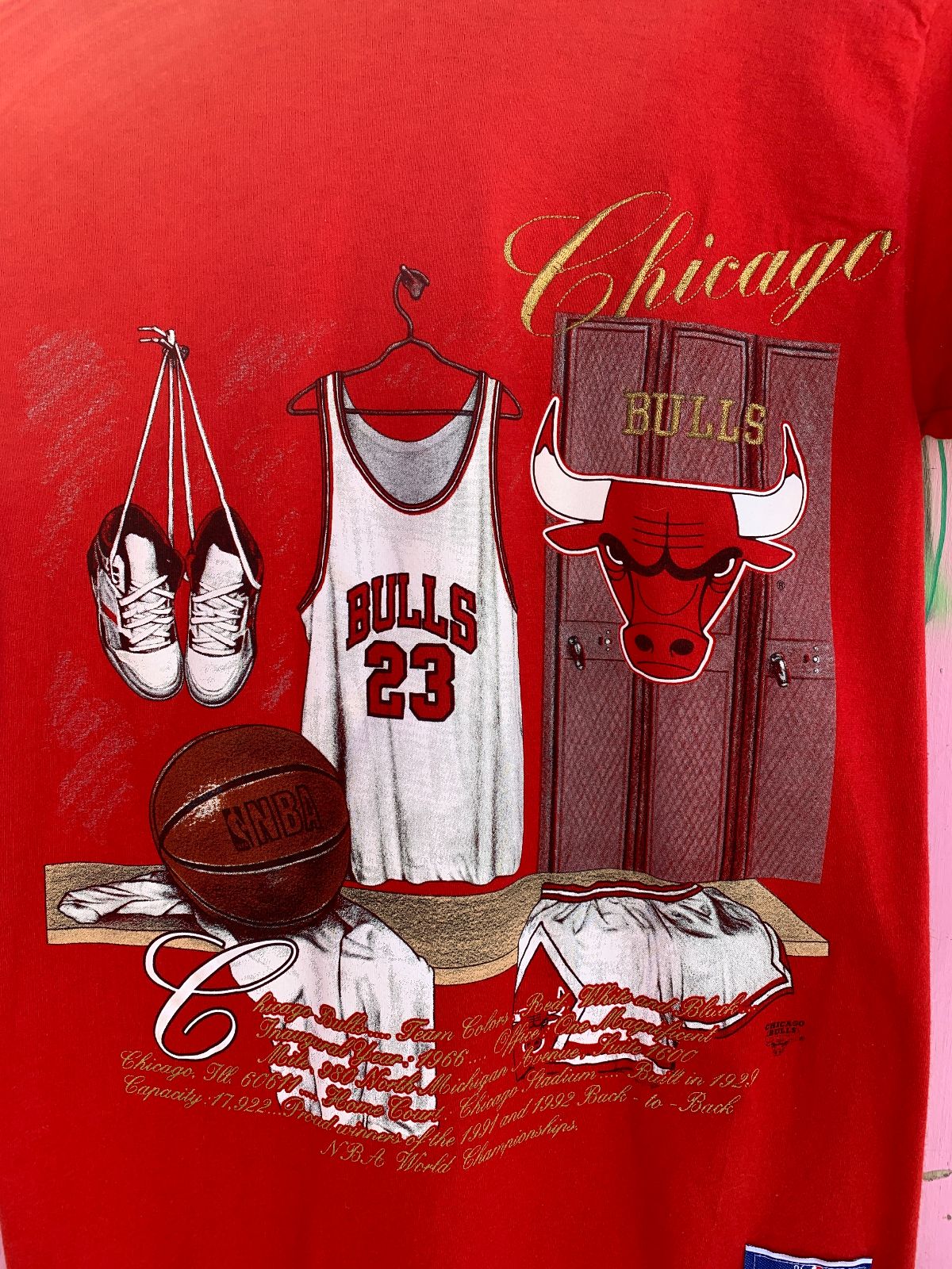 NUTMEG CHICAGO BULLS T-SHIRT METALLIC EMBROIDERY SINGLE STITCH SMALL FIT in RED