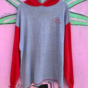 SIGNAL SPORTS 1990S HOODED HEATHER GRAY & RED COLORBLOCK RAGLAN SHIRT - LAKE SUPERIOR PRO RALLY in GREY, RED