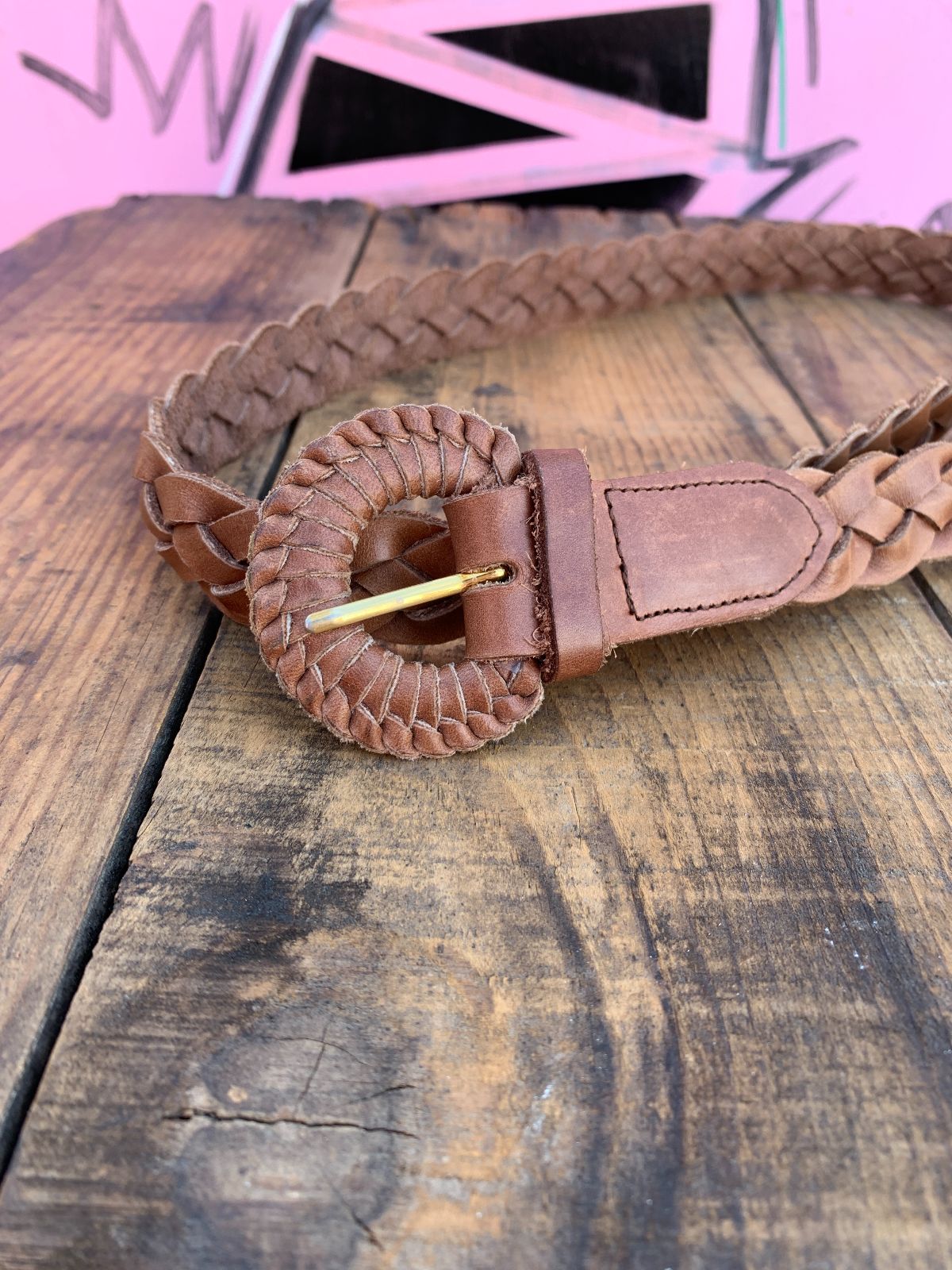 CLASSIC 1980S BRAIDED LEATHER BELT, WRAPPED BUCKLE in TAN