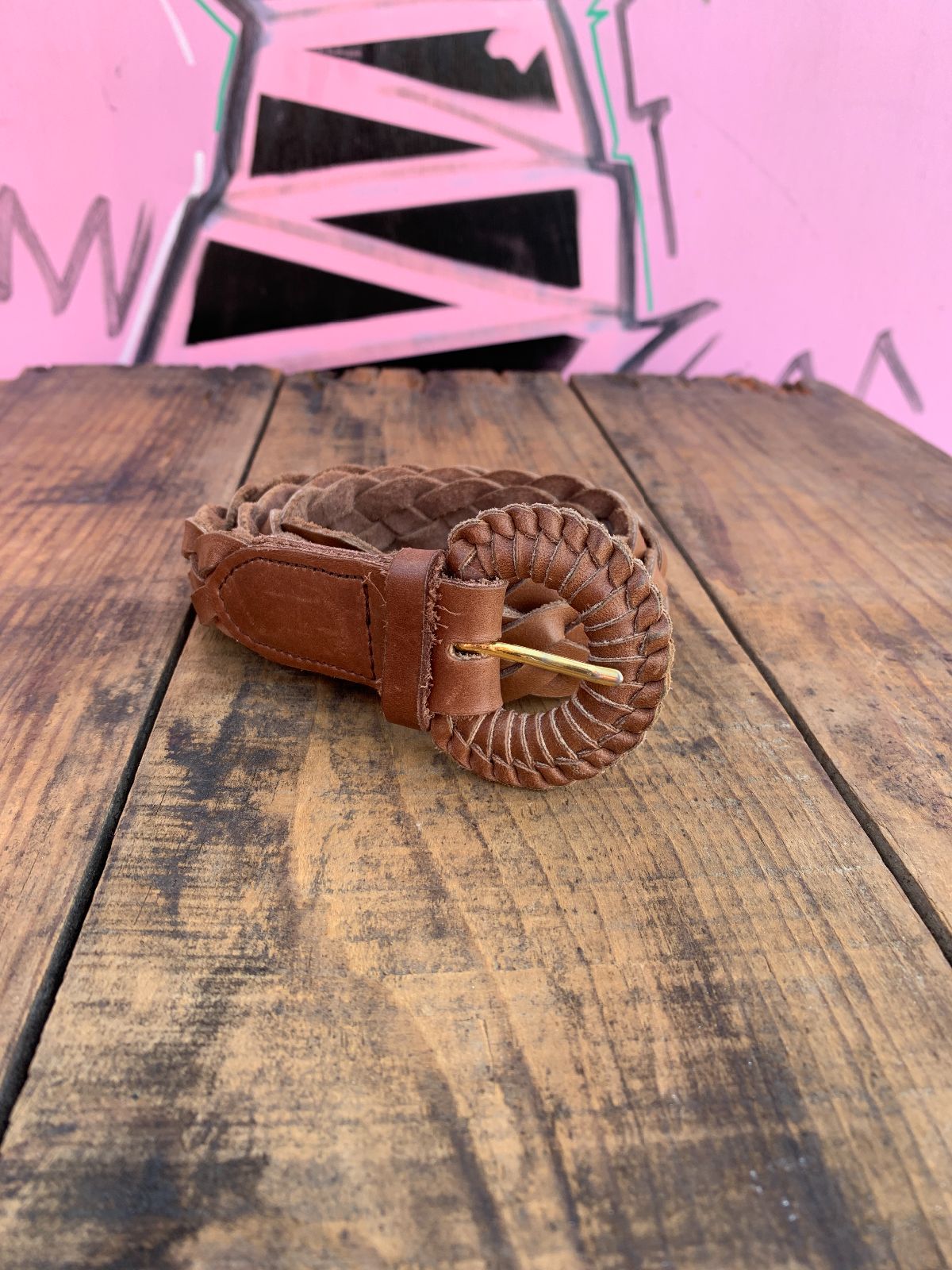 CLASSIC 1980S BRAIDED LEATHER BELT, WRAPPED BUCKLE in TAN