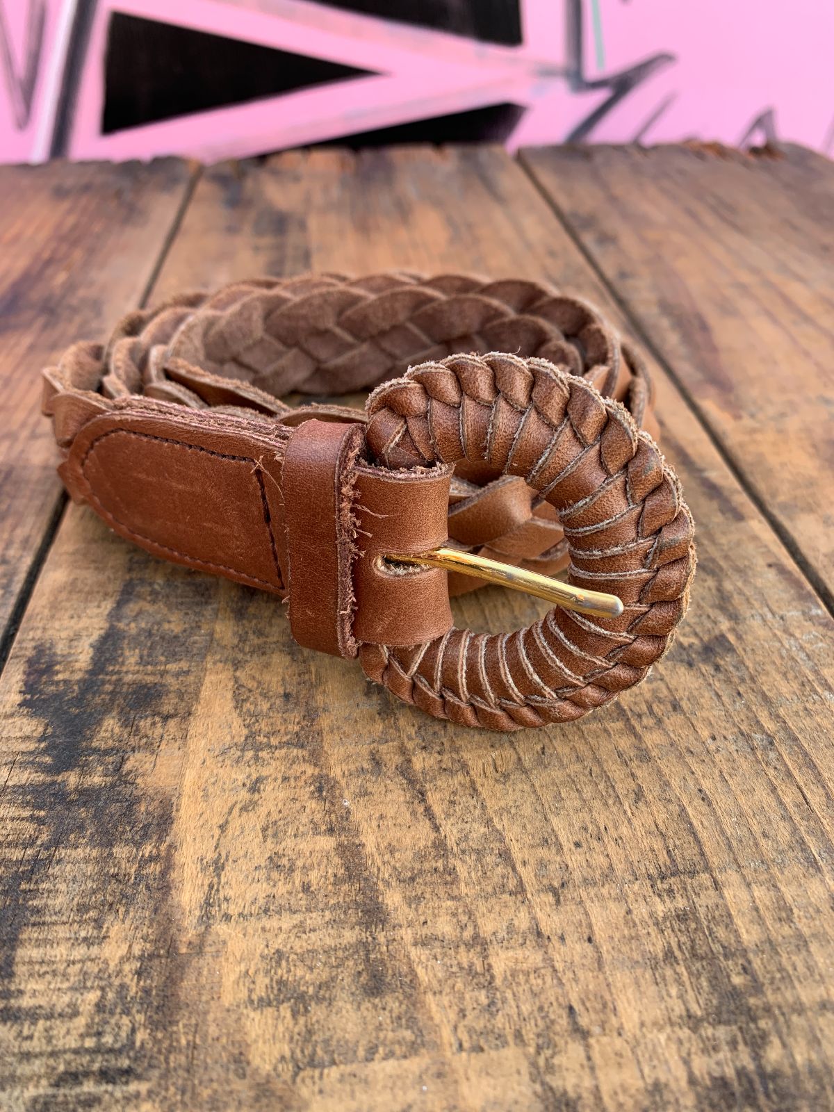 CLASSIC 1980S BRAIDED LEATHER BELT, WRAPPED BUCKLE in TAN