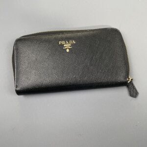 PRADA *AS-IS* AUTHENTIC TEXTURED LEATHER PRADA ZIPPER WALLET in BLACK, GOLD