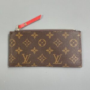 LOUIS VUITTON CUTE! LV MONOGRAM FLAT ZIPPER COIN PURSE RED TAG ZIPPER, MICROSUEDE INTERIOR - FAUX in BROWN