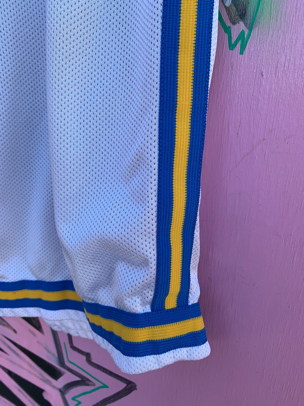ADIDAS UCLA ATHLETIC MESH BASKETBALL SHORTS, SIDE STRIPES in WHITE, BLUE, YELLOW