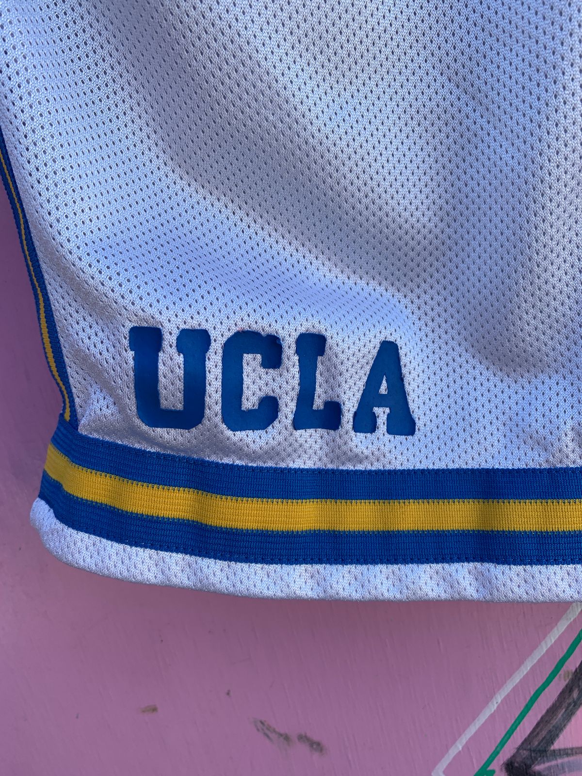 ADIDAS UCLA ATHLETIC MESH BASKETBALL SHORTS, SIDE STRIPES in WHITE, BLUE, YELLOW