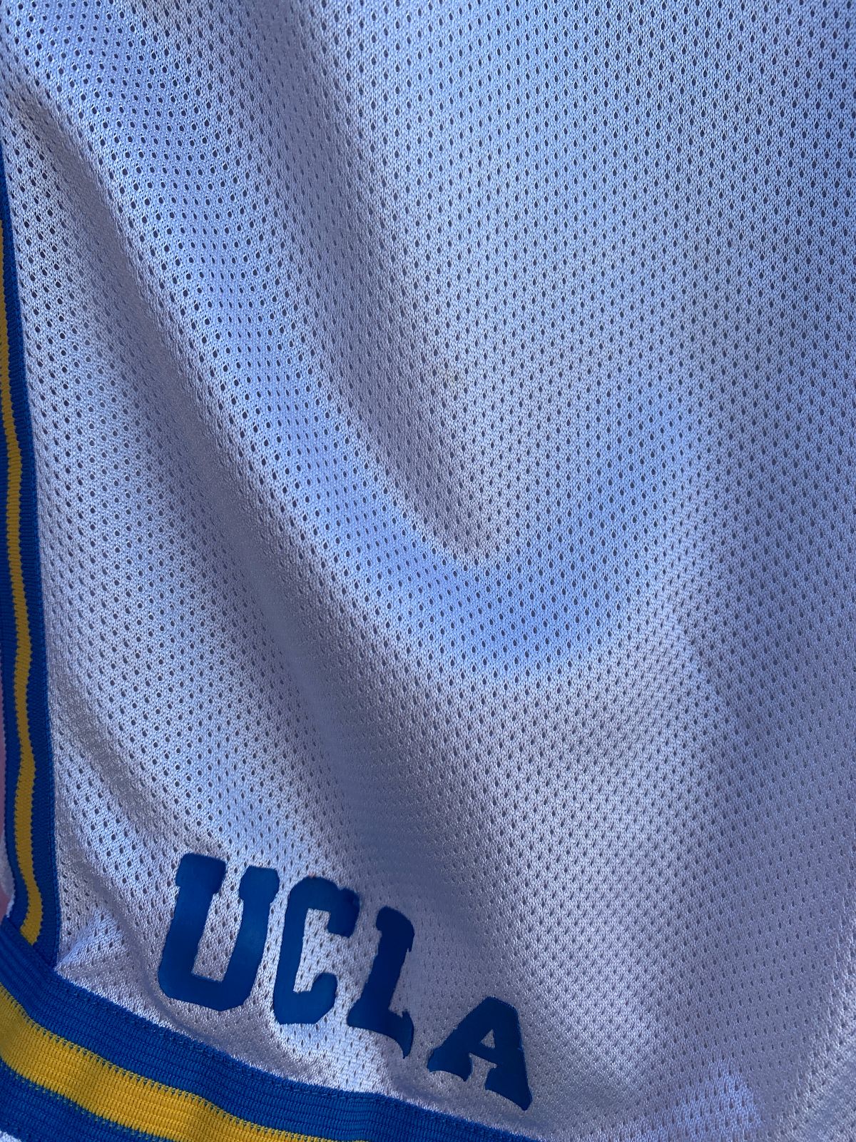 ADIDAS UCLA ATHLETIC MESH BASKETBALL SHORTS, SIDE STRIPES in WHITE, BLUE, YELLOW