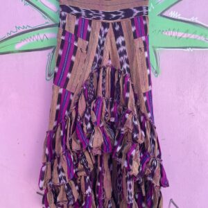 BRIGHT! CUSTOM GUATEMALAN IKAT TEXTILE RUFFLED & TIERED MIDI SKIRT, HIGH LOW HEM in PURPLE