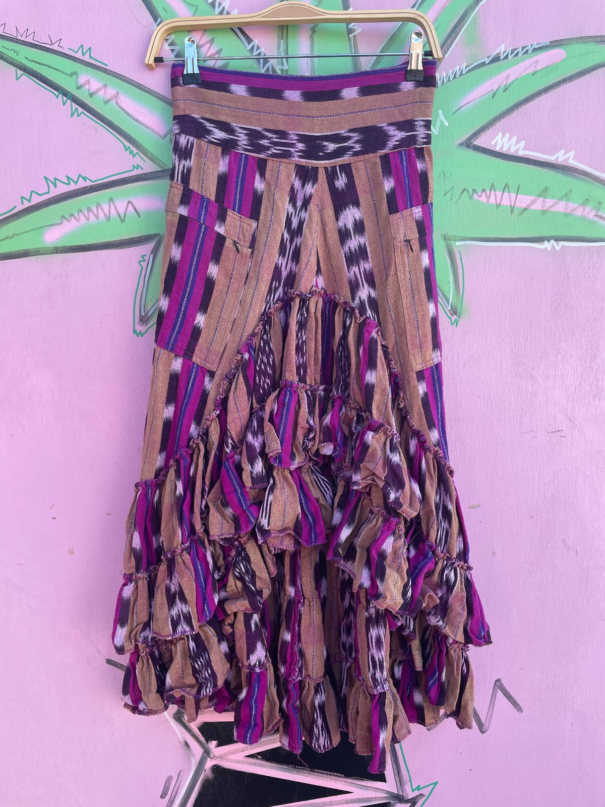 BRIGHT! CUSTOM GUATEMALAN IKAT TEXTILE RUFFLED & TIERED MIDI SKIRT, HIGH LOW HEM in PURPLE