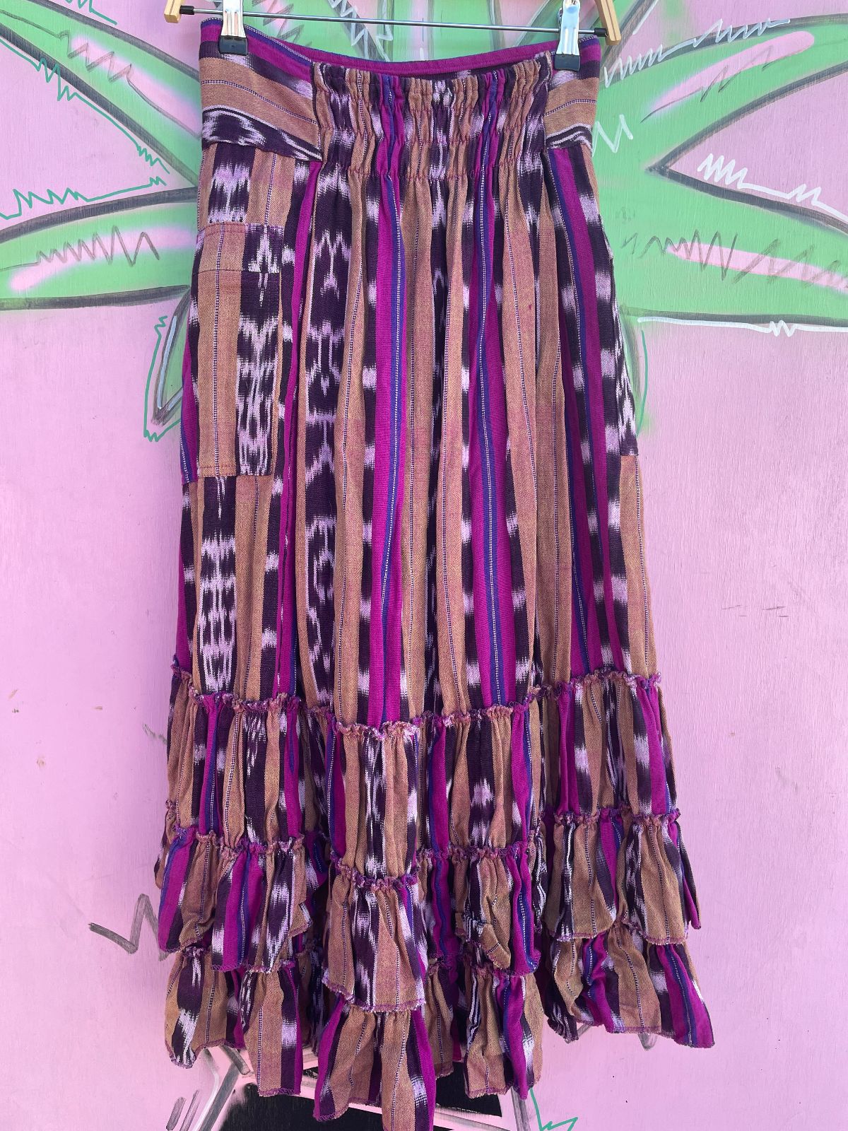 BRIGHT! CUSTOM GUATEMALAN IKAT TEXTILE RUFFLED & TIERED MIDI SKIRT, HIGH LOW HEM in PURPLE