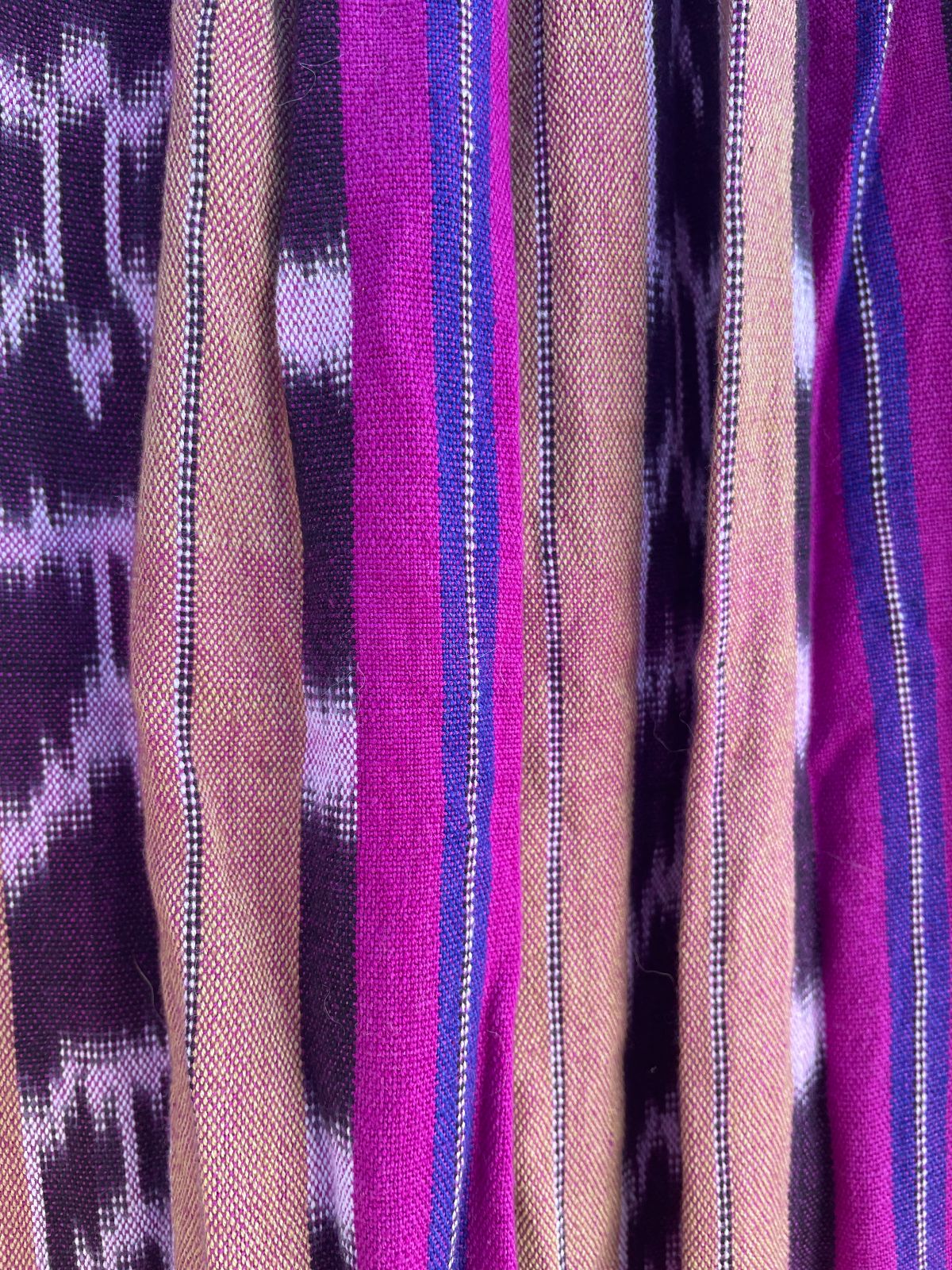 BRIGHT! CUSTOM GUATEMALAN IKAT TEXTILE RUFFLED & TIERED MIDI SKIRT, HIGH LOW HEM in PURPLE