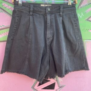 WE THE FRE SWEET! FADED BLACK HIGH WAIST DENIM BERMUDA SHORTS, FRAYED HEM in BLACK