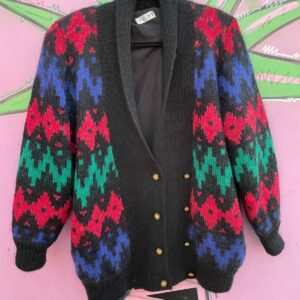 1980S CHUNKY MOHAIR KNIT CARDIGAN JACKET, GEOMETRIC DESIGN in BLACK, RED, GREEN, BLUE