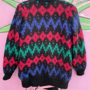 1980S CHUNKY MOHAIR KNIT CARDIGAN JACKET, GEOMETRIC DESIGN in BLACK, RED, GREEN, BLUE