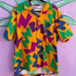 WILD! 1980S-90S NEON FUNKY ALL OVER GEOMETRIC PRINT BUTTON UP SHORT SLEEVE COLLARED SHIRT