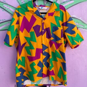 ISLANDER WILD! 1980S-90S NEON FUNKY ALL OVER GEOMETRIC PRINT BUTTON UP SHORT SLEEVE COLLARED SHIRT in YELLOW, PURPLE, GREEN, BLUE