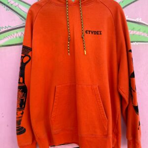ETUDES AS-IS *AS IS* FLOCKED VELVET GRECIAN VASE GRAPHIC DRAWSTRING PULLOVER SWEATSHIRT in ORANGE, BLACK